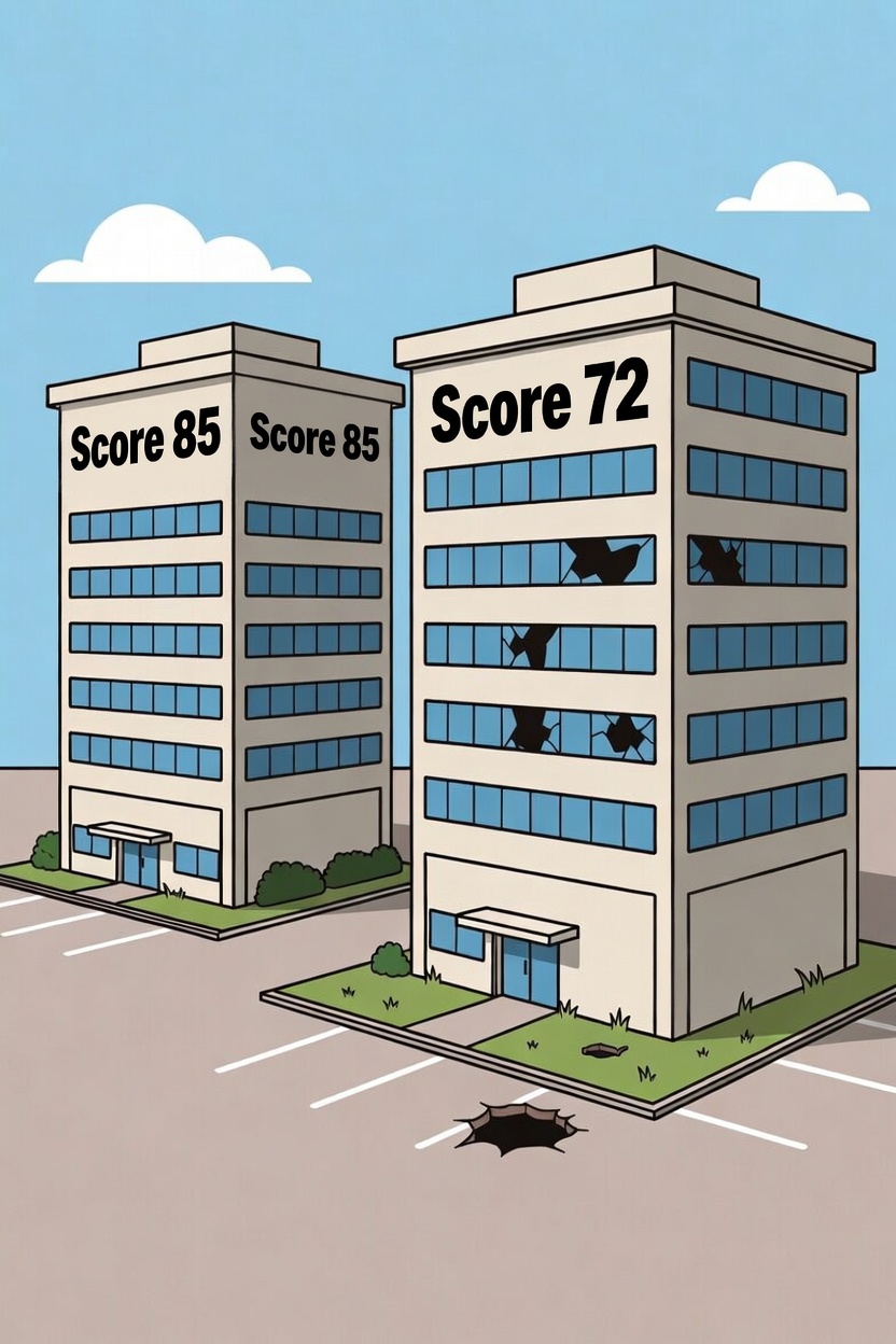 Two office buildings — one scoring 85 and intact, one scoring 72 with broken windows