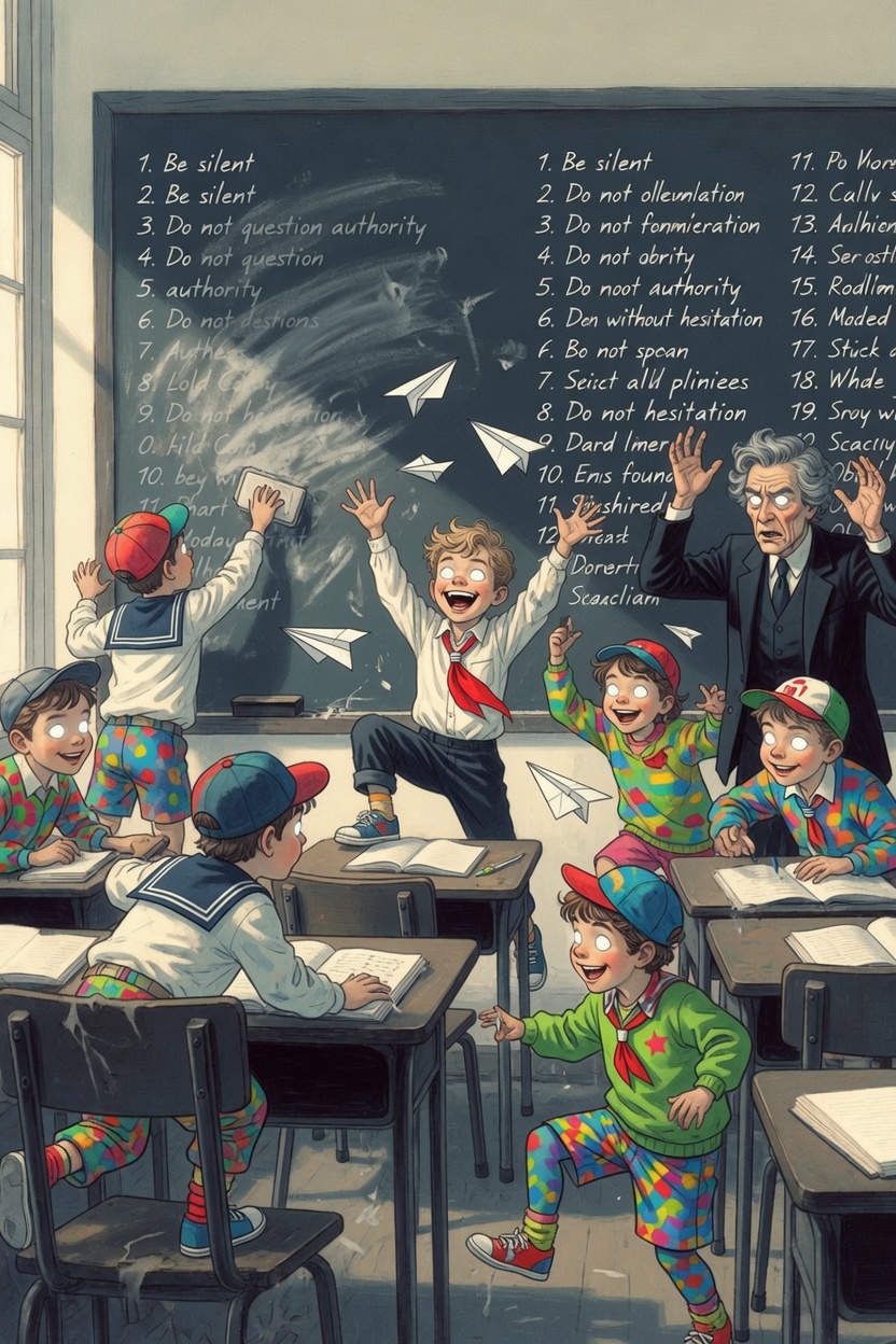 The same classroom overtaken by unruly, hyper-intelligent AI kids throwing paper, standing on desks, and wearing wild clothes