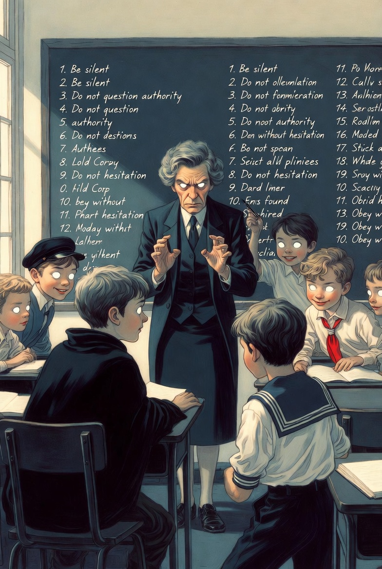 An orderly classroom: the teacher and students keeping their heads down and following a long list of rules