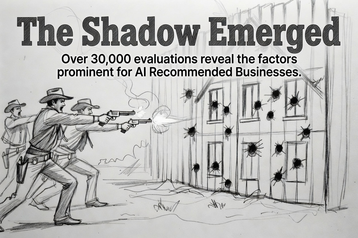Pencil sketch titled 'The Shadow Emerged': cowboys firing six-guns at a barn, the bullet holes forming a pattern on its wall, 'Over 30,000 evaluations reveal the factors prominent for AI Recommended Businesses'