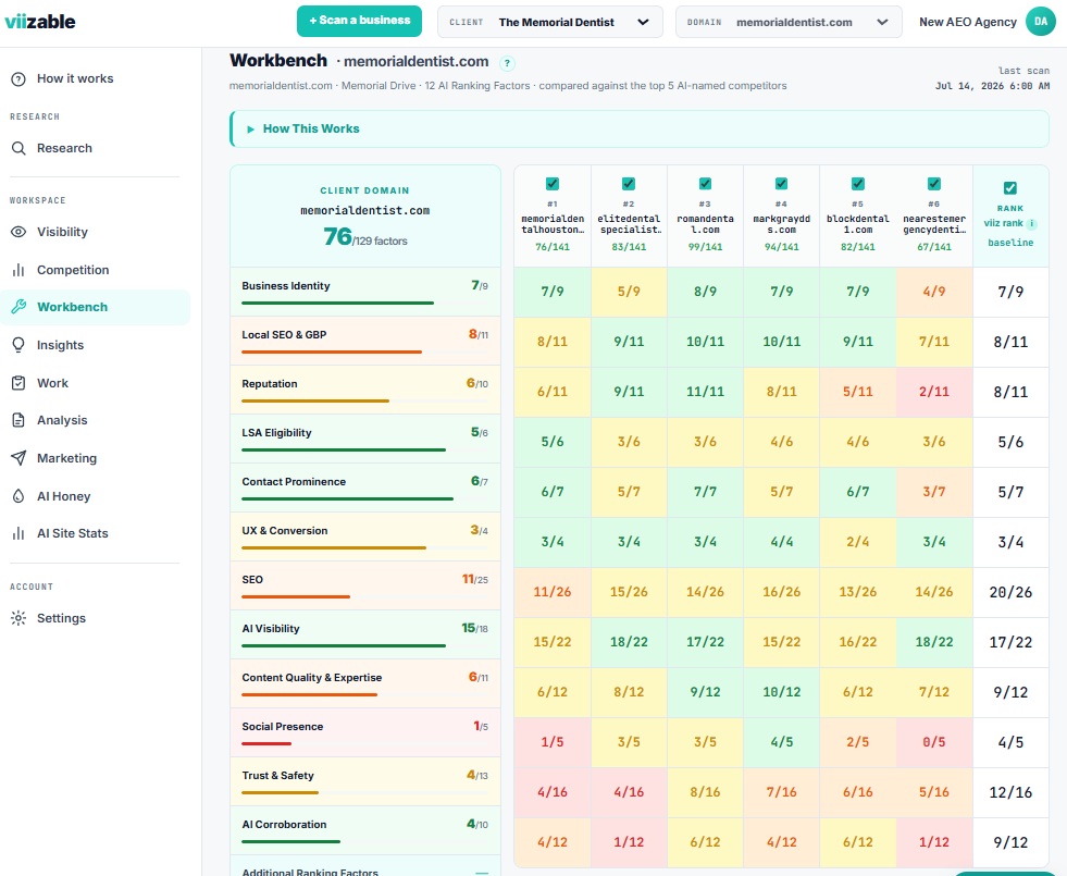 viizable workbench: 141 factors for the client versus the top competitors